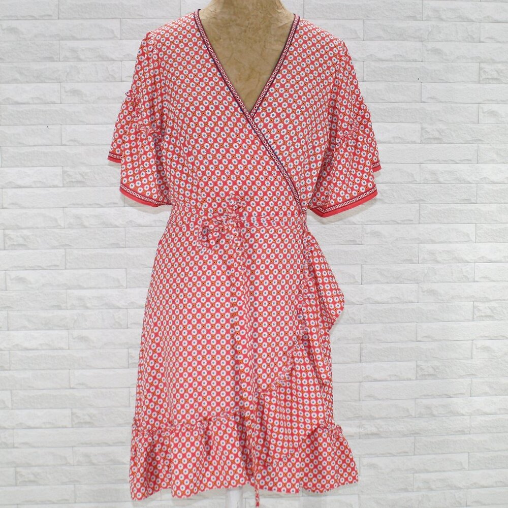 MAX STUDIO Dress Wrap Floral Abstract Daisy Retro Casual Ruffle Orange White L